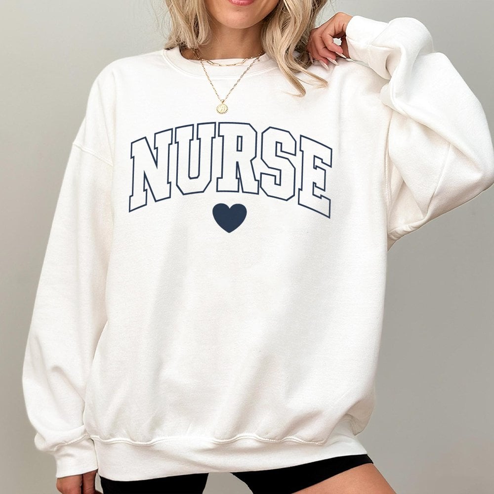 Nurse Sweatshirt | Varsity Lettering Heart Design | Premium Cotton Polyester Blend | Cute Nursing School Graduation Gift For 