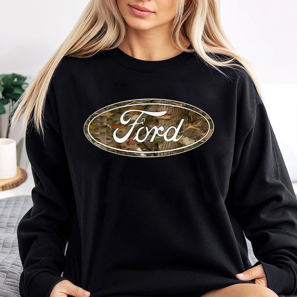 Ford Logo Sweatshirt | Camo Fill Graphic Crewneck | Premium Cotton Blend | Gift for Car Enthusiast and Truck Lovers