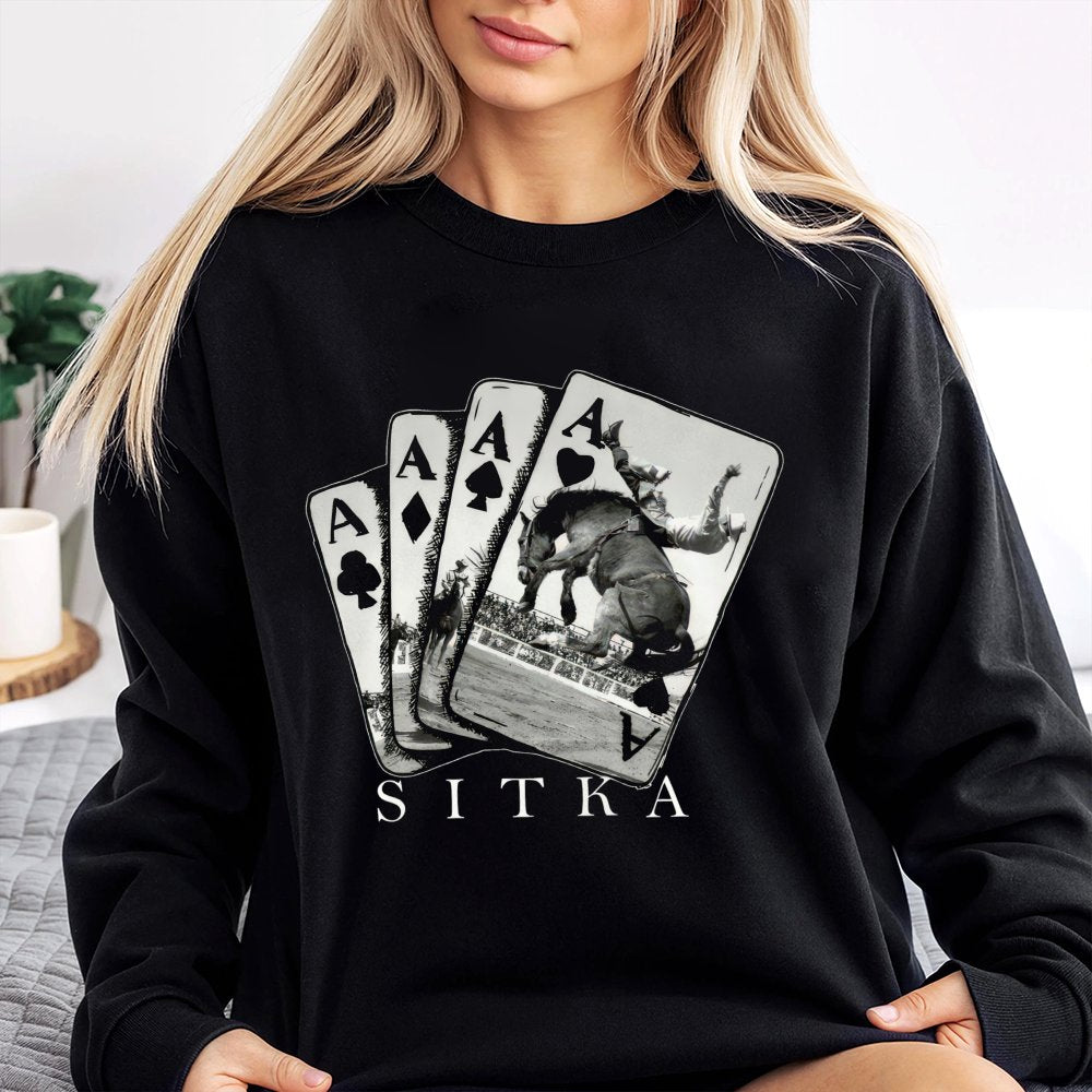 Sitka Rodeo Sweatshirt | Western Cowboy Bull Riding Playing Cards Graphic | Cotton-Blend Premium Pullover | Gift for Country 