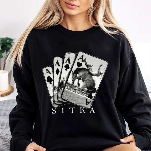 Sitka Rodeo Sweatshirt | Western Cowboy Bull Riding Playing Cards Graphic | Cotton-Blend Premium Pullover | Gift for Country 