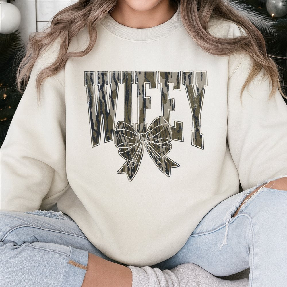 Wifey Camo Bow Sweatshirt | Trendy Camouflage Print Graphic Crewneck | Premium Cotton Blend Comfort | Wedding Gift for Bride 