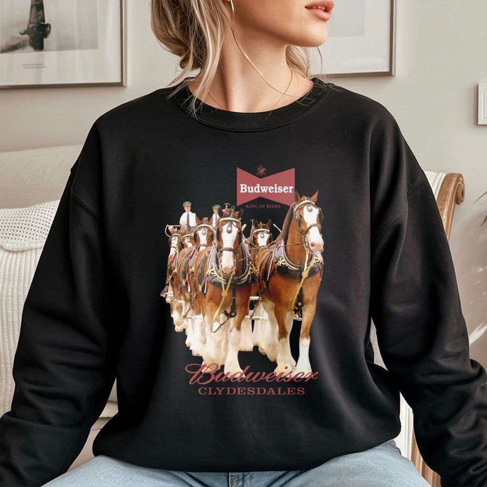 Clydesdale Horse Graphic Sweatshirt | Vintage Beer Logo Print | Premium Cotton-Blend Crewneck | Nostalgic Country Western Gif