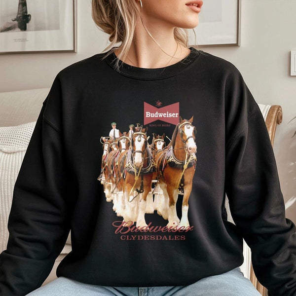 Clydesdale Horse Graphic Sweatshirt | Vintage Beer Logo Print | Premium Cotton-Blend Crewneck | Nostalgic Country Western Gif