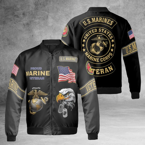 US Marine Veteran Bomber Jacket | Patriotic Eagle Globe & Anchor Print | Durable Nylon Shell | Military Gift for Men and Wome