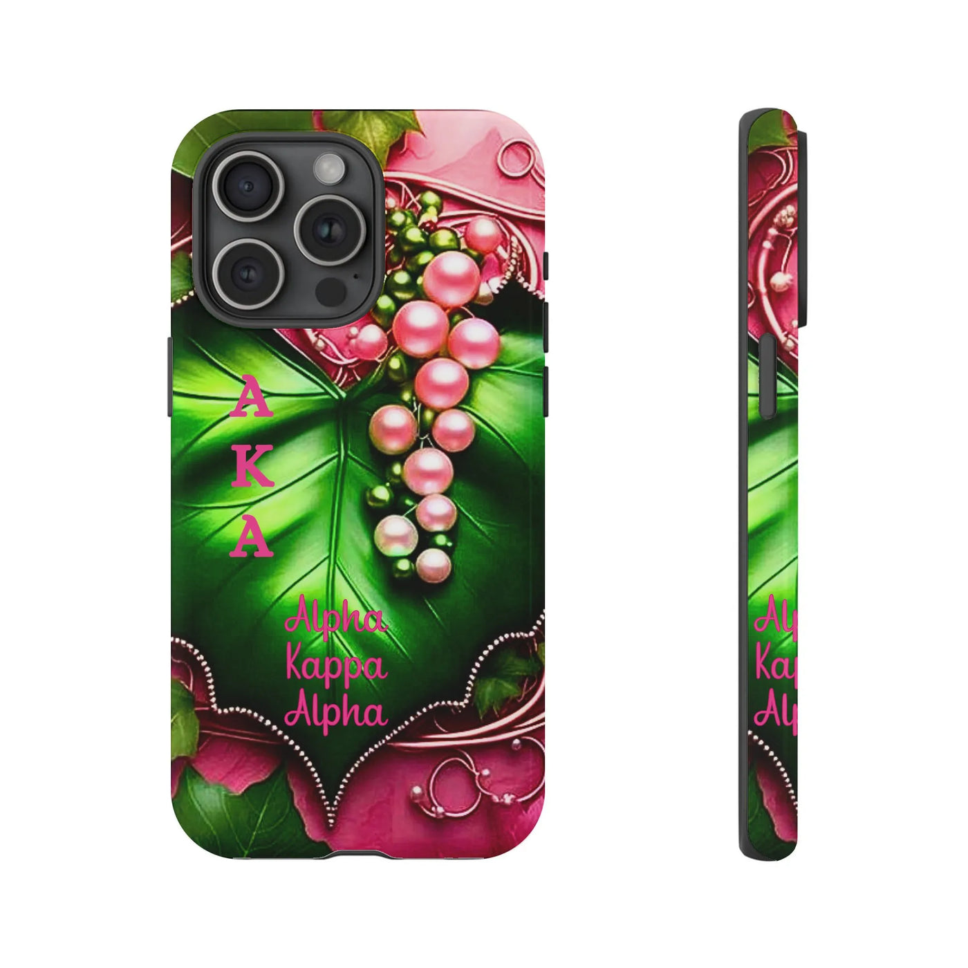 Alpha Kappa Alpha iPhone Case | Pink and Green Ivy Leaf & Pearls Design | Dual Layer Tough Cover | Gift for AKA Sorority Sist