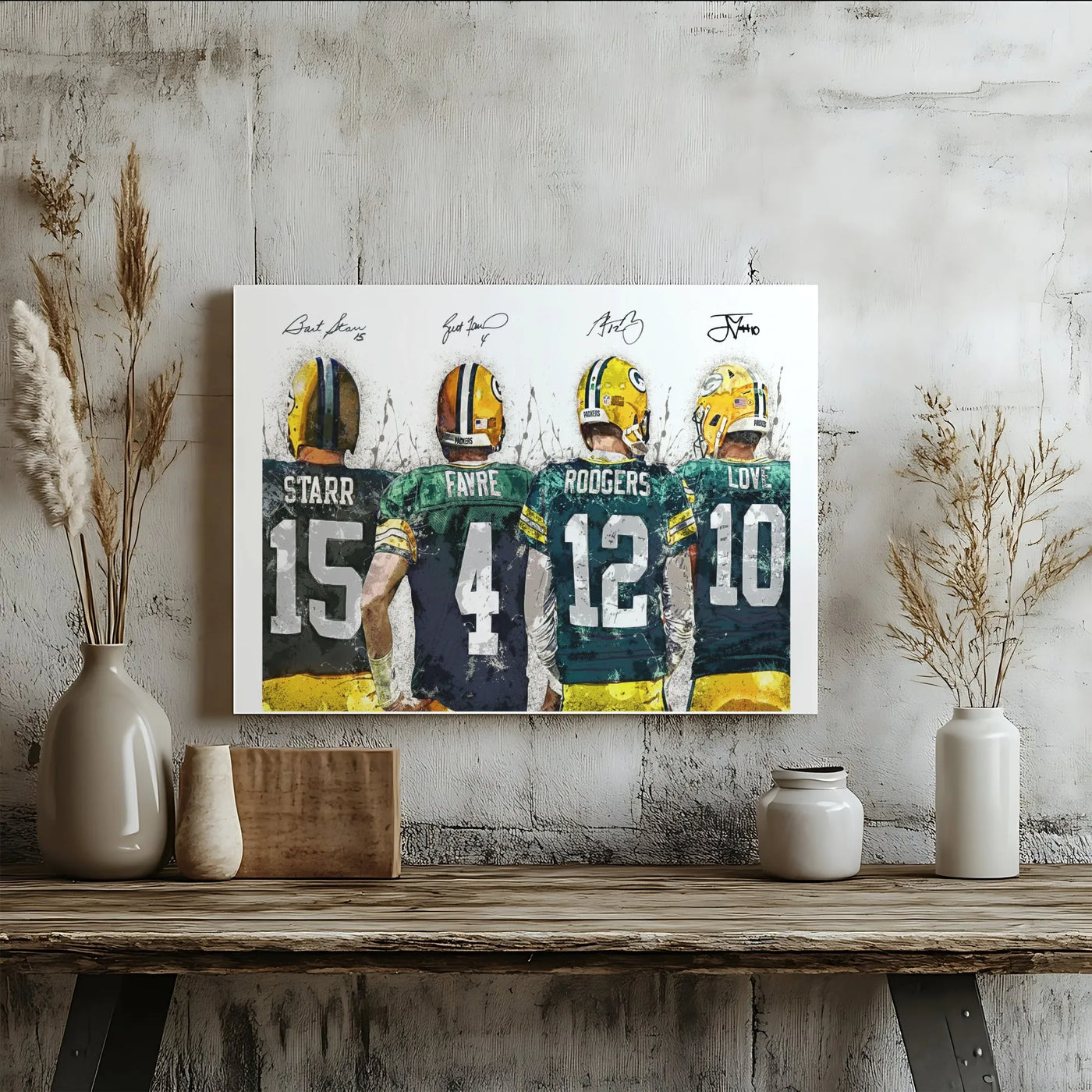 Green Bay Packers Quarterback Wall Art | Bart Starr Brett Favre Aaron Rodgers Jordan Love Poster | Premium Gallery Wrapped Ca