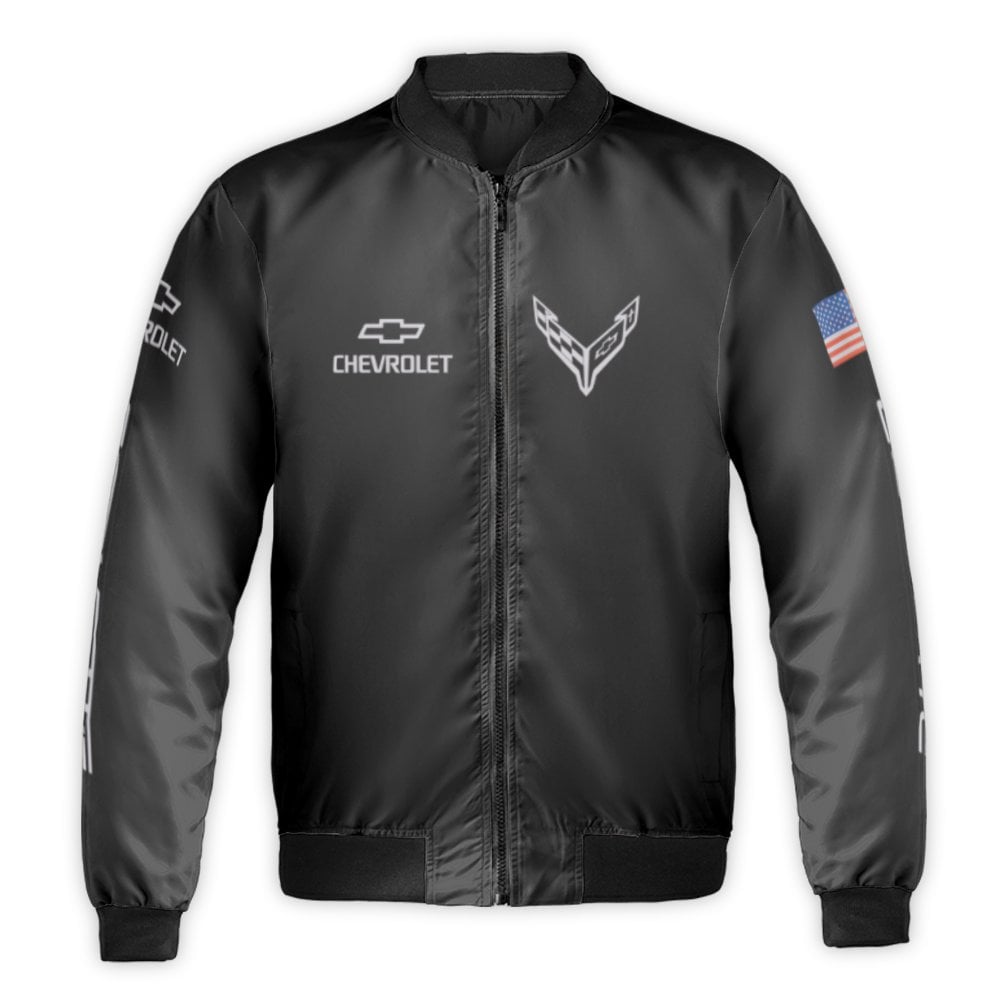 Chevrolet Corvette Bomber Jacket | C8 Logo American Flag Print | Durable Nylon Streetwear | Premium Gift for Sports Car Enthu