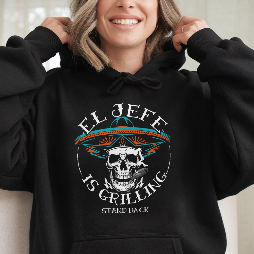 El Jefe Is Grilling Hoodie | Skull With Sombrero BBQ Graphic | Premium Cotton Blend | Funny Grill Master Gift For Dad
