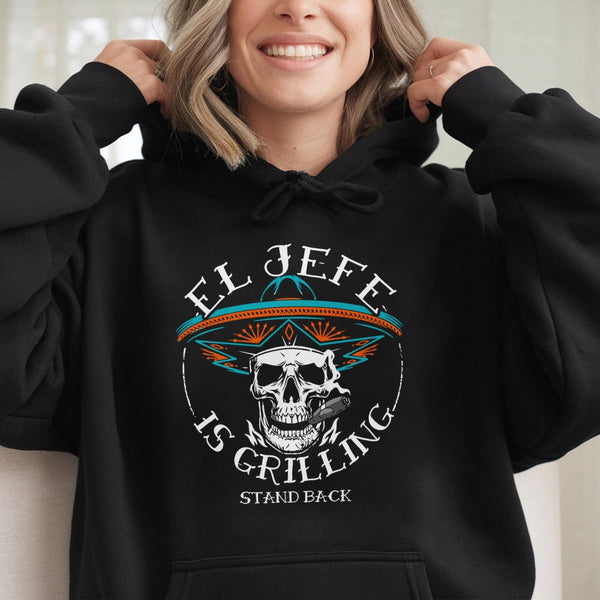 El Jefe Is Grilling Hoodie | Skull With Sombrero BBQ Graphic | Premium Cotton Blend | Funny Grill Master Gift For Dad