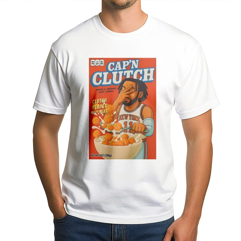 Jalen Brunson T-Shirt | Cap'n Clutch Cereal Box Graphic Design | Premium Soft Cotton | Basketball Gift for New York Knicks Fa