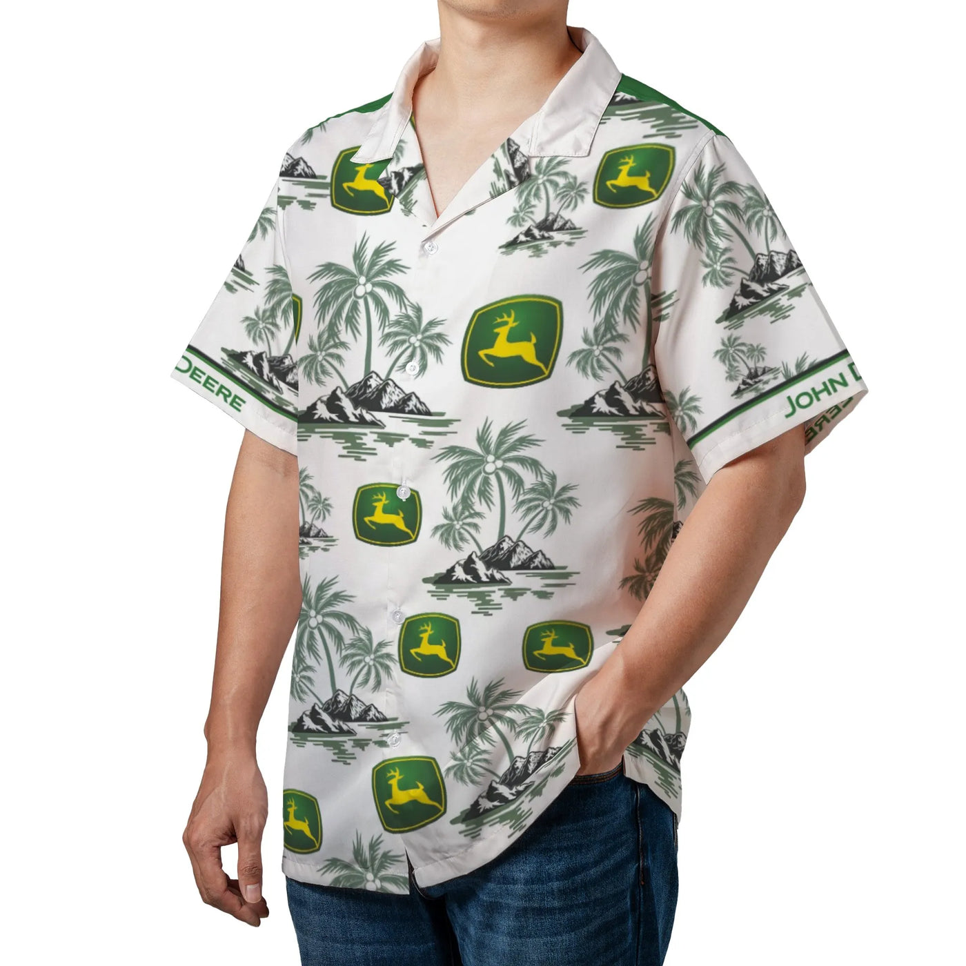 Green Tractor Hawaiian Shirt | Tropical Farming Logo & Palm Tree Print | Lightweight Aloha Beach Shirt | Unique Gift for Farm