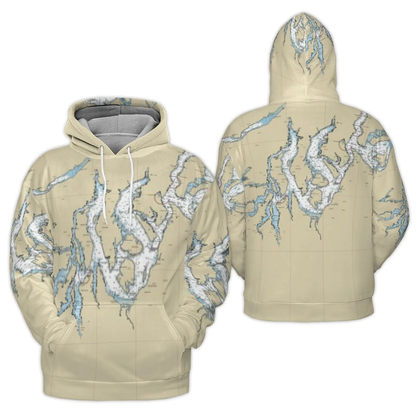 Puget Sound Nautical Chart Hoodie | All-Over Print Map Graphic | Premium Polyester Fleece | Gift For Sailors & Pacific Northw