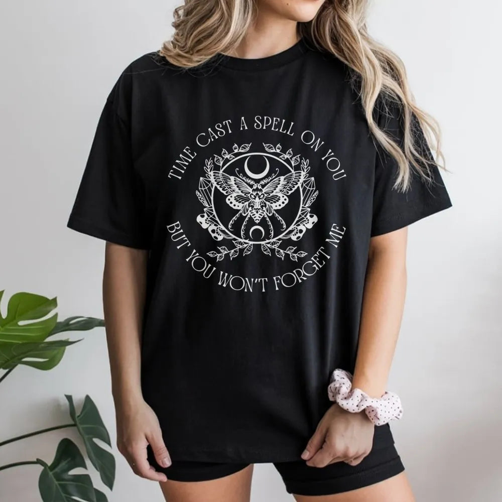 Time Cast A Spell On You T-Shirt | Witchy Moth Moon Graphic Tee | Premium 100% Cotton Shirt | Music Lover Vintage Rock Gift f