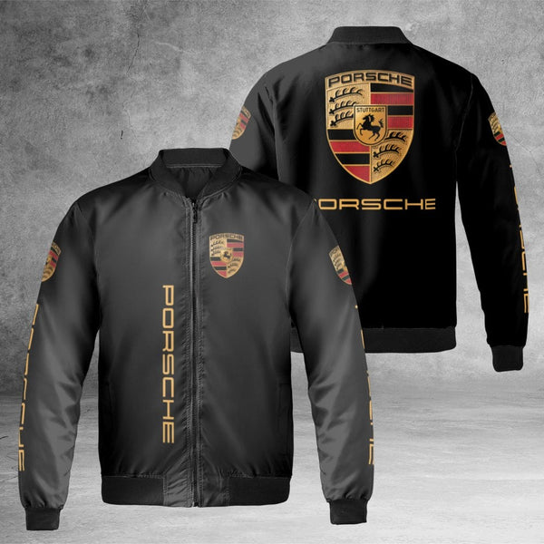 Porsche Logo Bomber Jacket | Premium Black Streetwear Coat | Nylon Windbreaker Utility | Luxury Car Enthusiast Gift