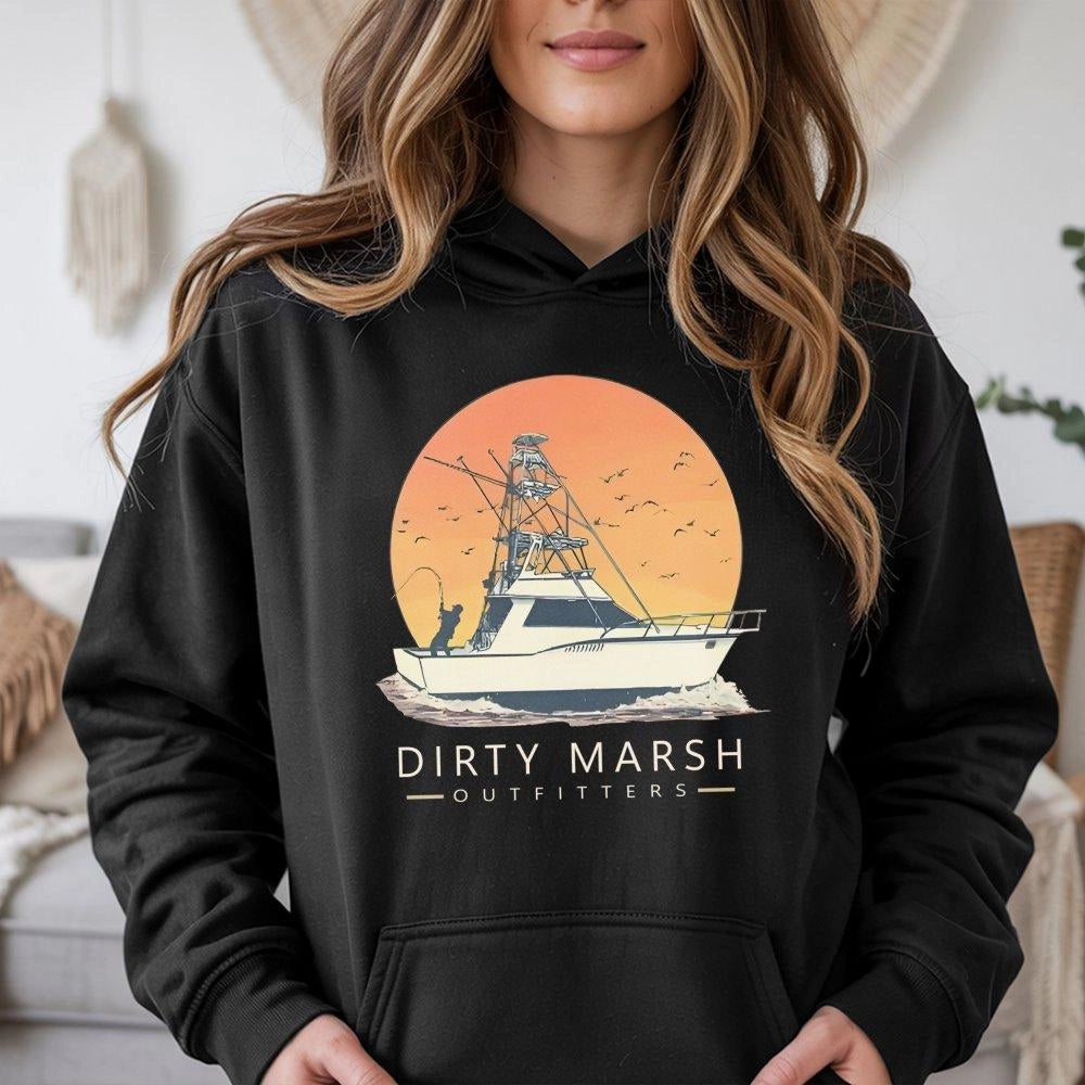 Offshore Fishing Hoodie | Retro Sunset Boat Graphic Design | Premium Cotton Blend | Gift for Saltwater Angler and Coastal Lif
