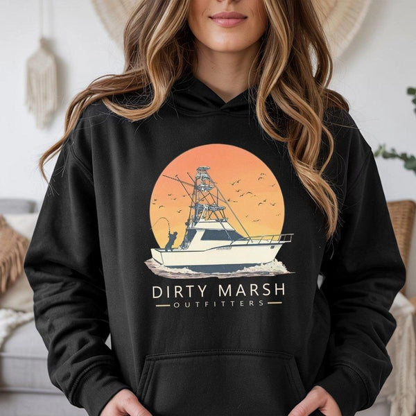 Offshore Fishing Hoodie | Retro Sunset Boat Graphic Design | Premium Cotton Blend | Gift for Saltwater Angler and Coastal Lif