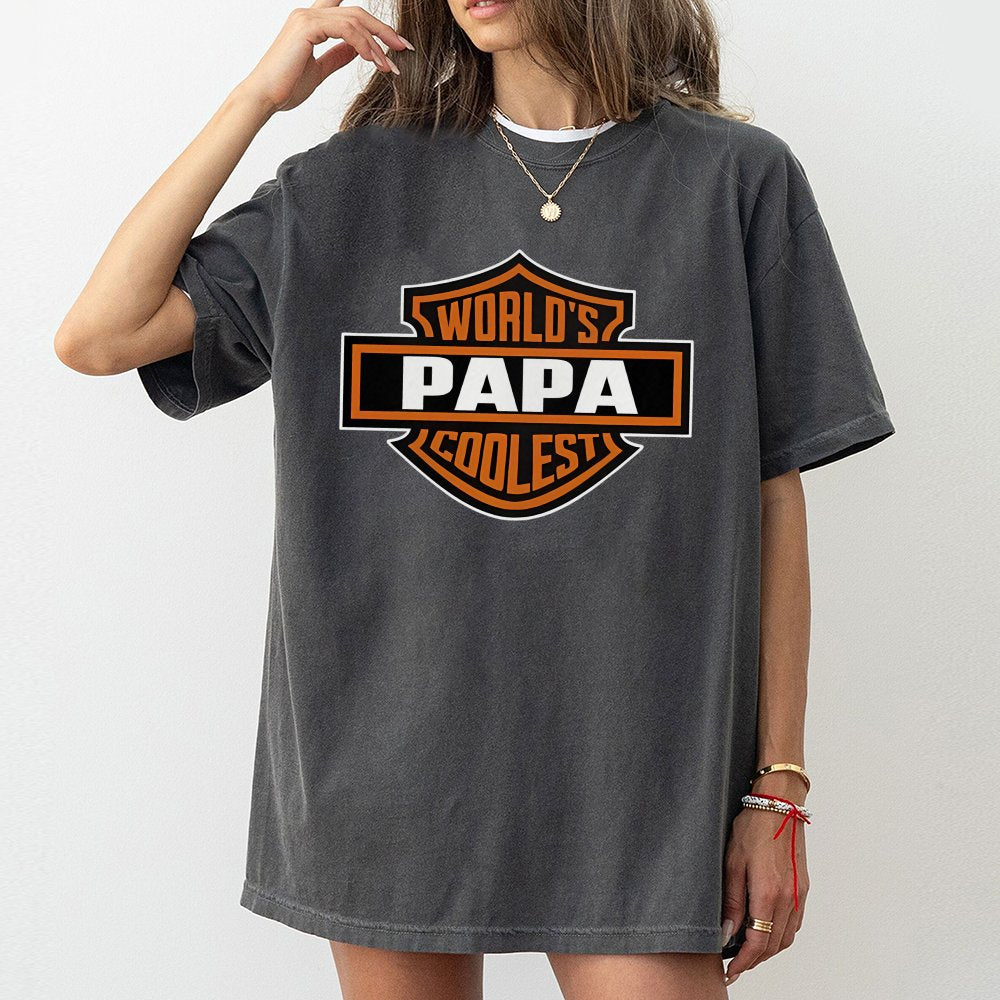 Worlds Coolest Papa T-Shirt | Biker Shield Graphic Design | Premium Cotton Comfort | Funny Father's Day 2026 Gift for Motorcy
