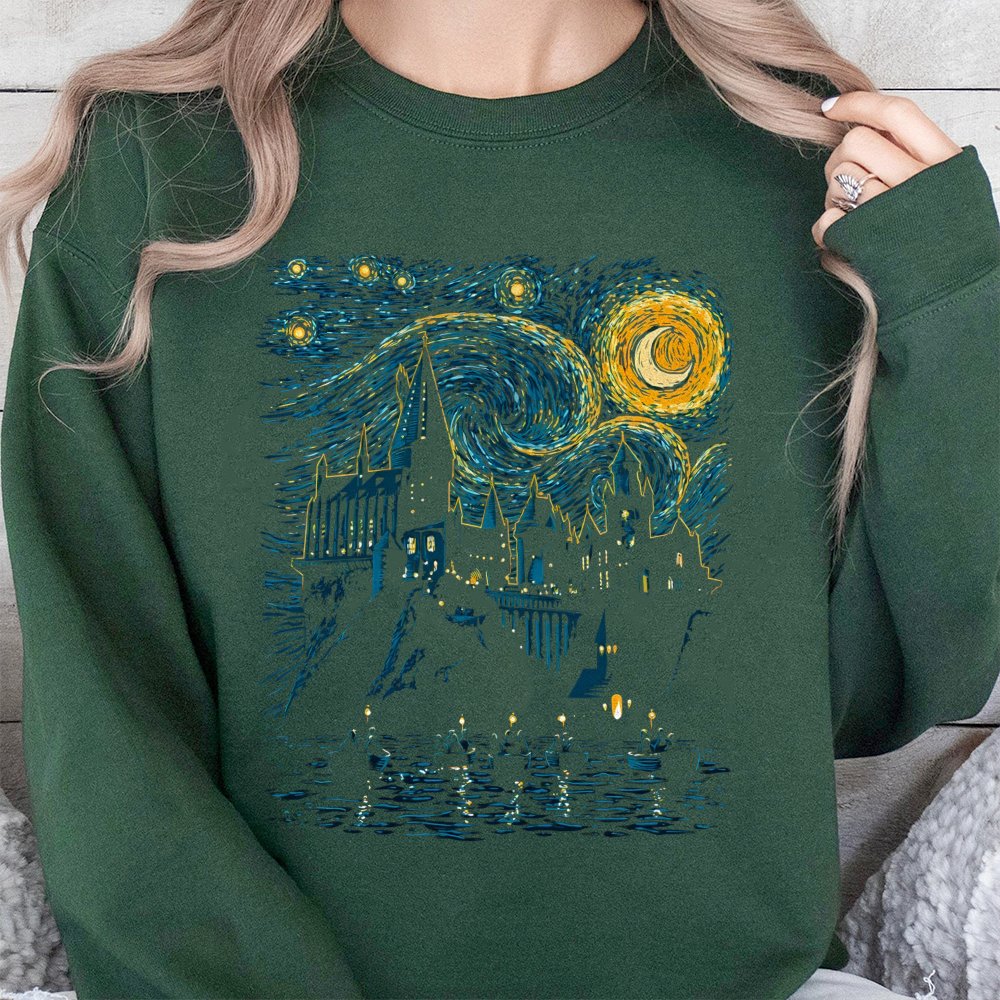 Wizard School Castle Sweatshirt | Starry Night Impressionist Art Design | Premium Cotton Blend | Magical Fan Gift For Adults