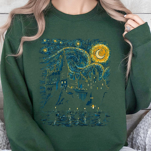 Wizard School Castle Sweatshirt | Starry Night Impressionist Art Design | Premium Cotton Blend | Magical Fan Gift For Adults