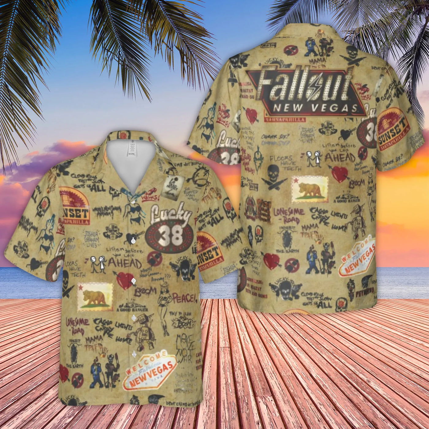 Fallout New Vegas Hawaiian Shirt | Lucky 38 Graffiti Allover Print | Woven Polyester Summer Button Down | Gaming Fan Gift for