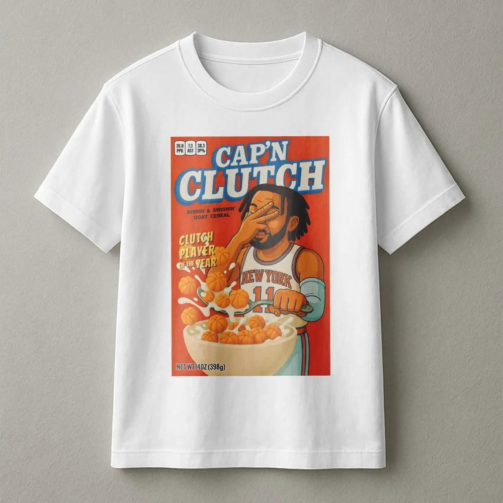 Jalen Brunson T-Shirt | Cap'n Clutch Cereal Box Graphic Design | Premium Soft Cotton | Basketball Gift for New York Knicks Fa