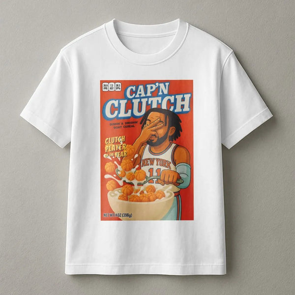Jalen Brunson T-Shirt | Cap'n Clutch Cereal Box Graphic Design | Premium Soft Cotton | Basketball Gift for New York Knicks Fa