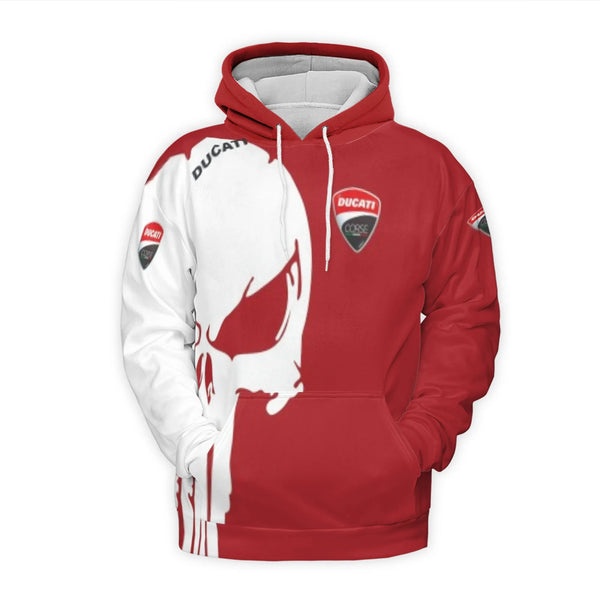 Ducati Corse Hoodie | Graphic Skull Red White Pullover | Brushed Fleece Polyester | Motorsport Fan Gift