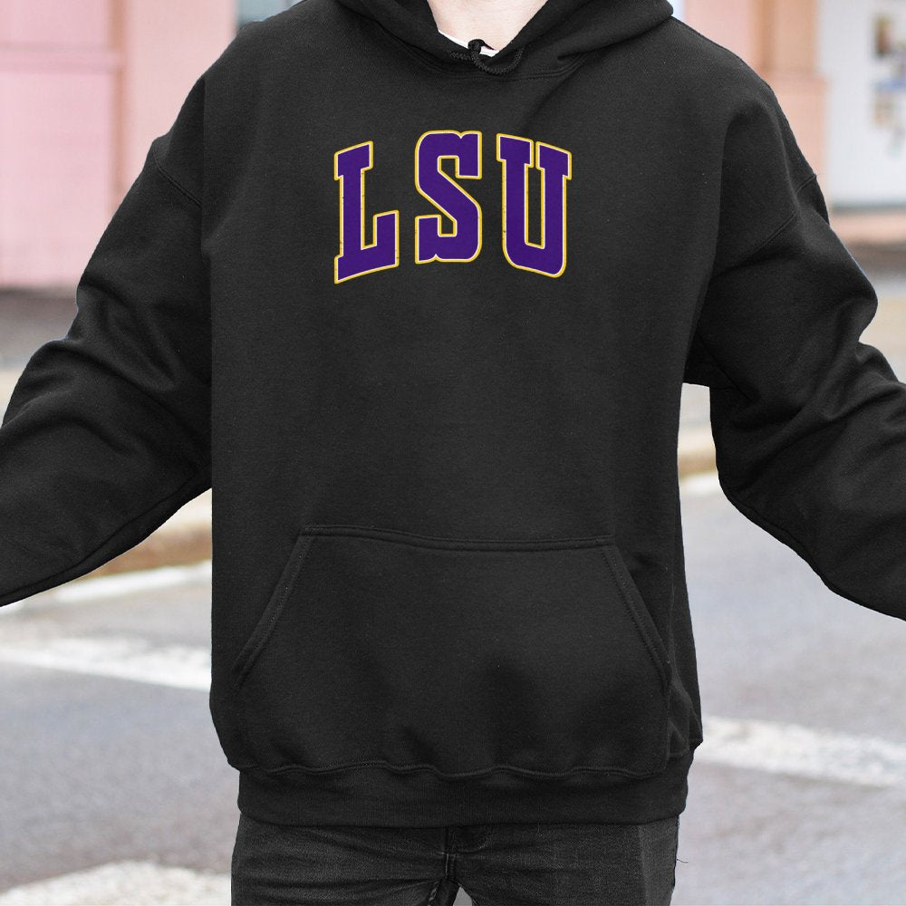LSU Collegiate Hoodie | Vintage Distressed Athletic Lettering | Soft Cotton-Blend Premium Pullover | Unisex Sport Gift for St