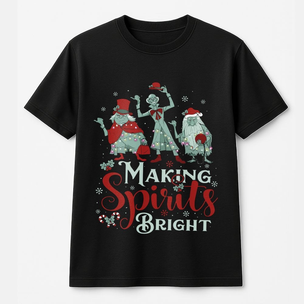 Making Spirits Bright T-Shirt | Haunted Hitchhiking Ghosts Design | Premium Cotton Christmas Graphic Tee | Spooky Holiday Gif