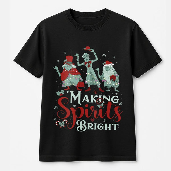 Making Spirits Bright T-Shirt | Haunted Hitchhiking Ghosts Design | Premium Cotton Christmas Graphic Tee | Spooky Holiday Gif