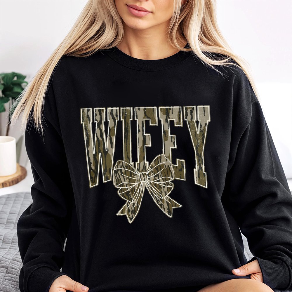 Wifey Camo Bow Sweatshirt | Trendy Camouflage Print Graphic Crewneck | Premium Cotton Blend Comfort | Wedding Gift for Bride 