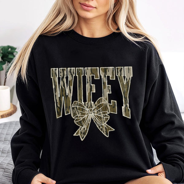 Wifey Camo Bow Sweatshirt | Trendy Camouflage Print Graphic Crewneck | Premium Cotton Blend Comfort | Wedding Gift for Bride 