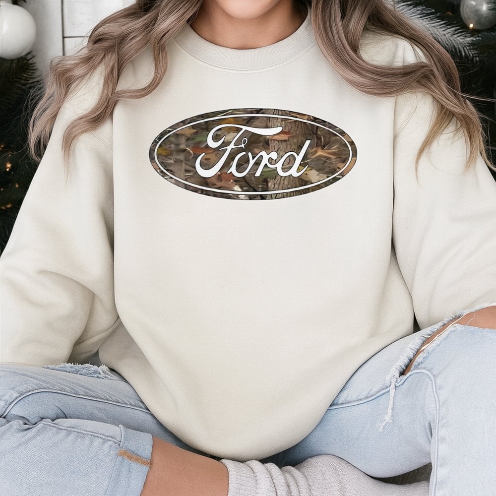 Ford Logo Sweatshirt | Camo Fill Graphic Crewneck | Premium Cotton Blend | Gift for Car Enthusiast and Truck Lovers
