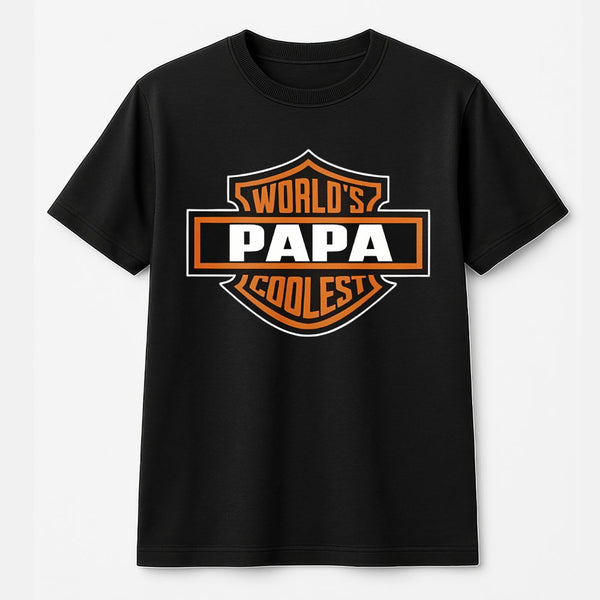 Worlds Coolest Papa T-Shirt | Biker Shield Graphic Design | Premium Cotton Comfort | Funny Father's Day 2026 Gift for Motorcy