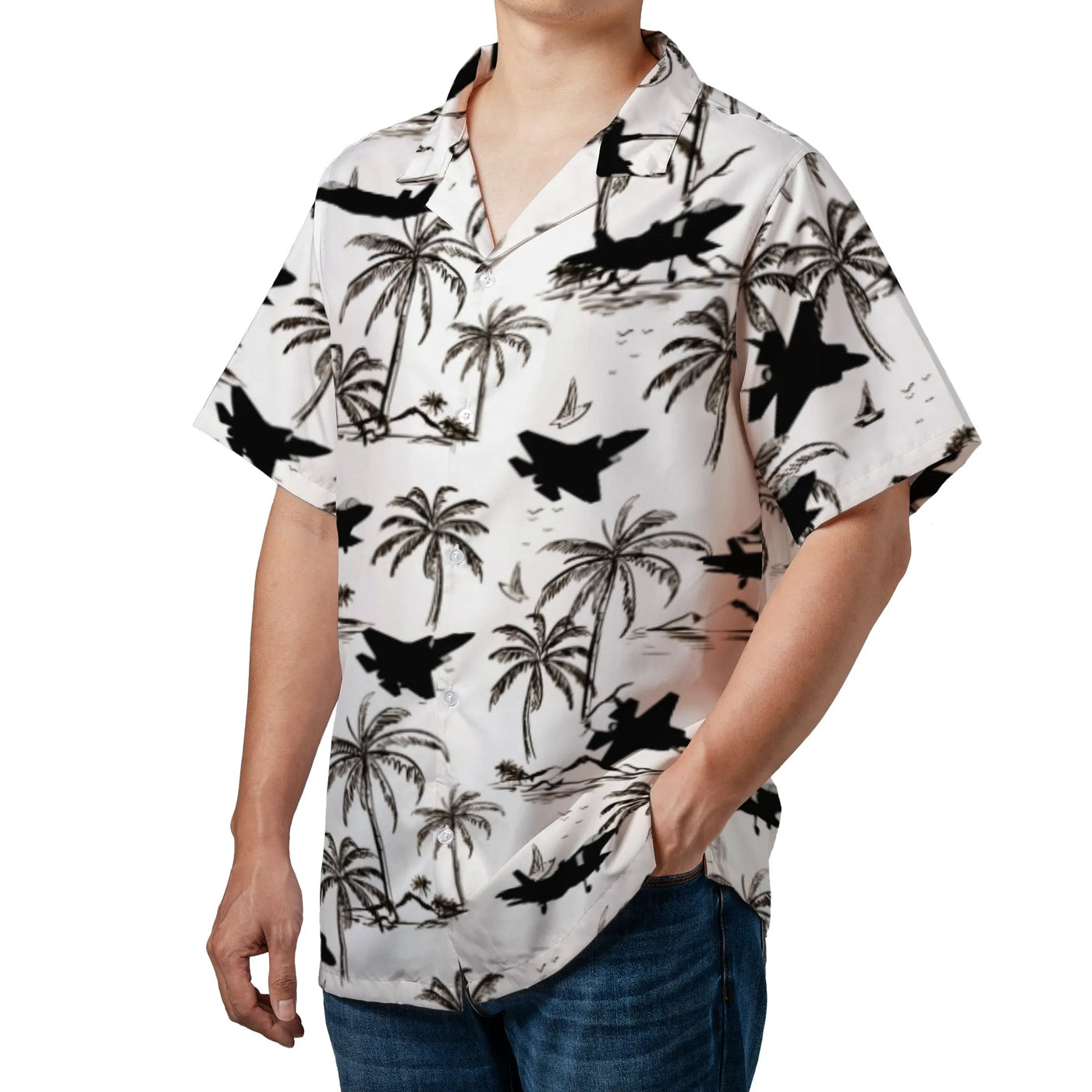 F-35 Fighter Jet Hawaiian Shirt | Tropical Palm Tree Print | Premium Lightweight Polyester | Unique Pilot Aviation Gift for H