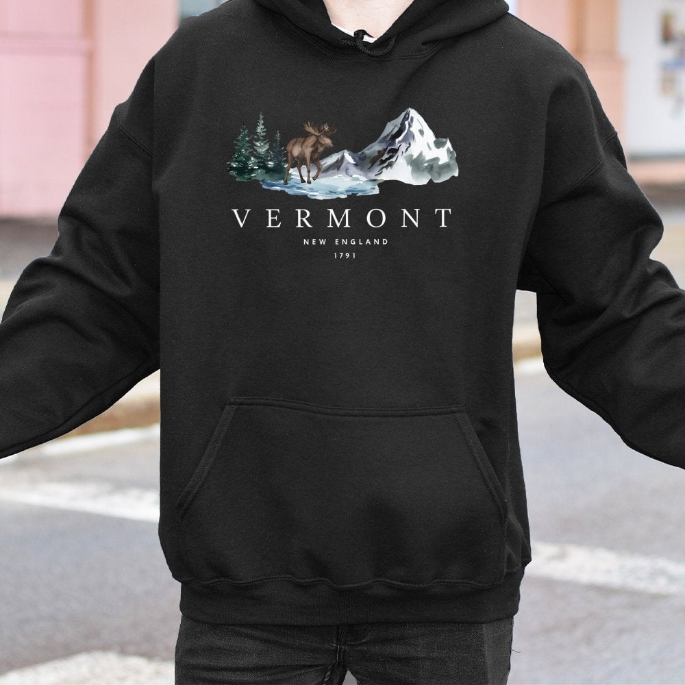 Vermont Hoodie | Watercolor Mountain Moose Wilderness Design | Premium Cotton Blend | Nature Lover New England Souvenir Gift
