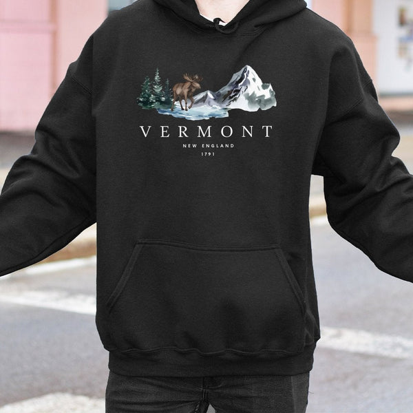 Vermont Hoodie | Watercolor Mountain Moose Wilderness Design | Premium Cotton Blend | Nature Lover New England Souvenir Gift