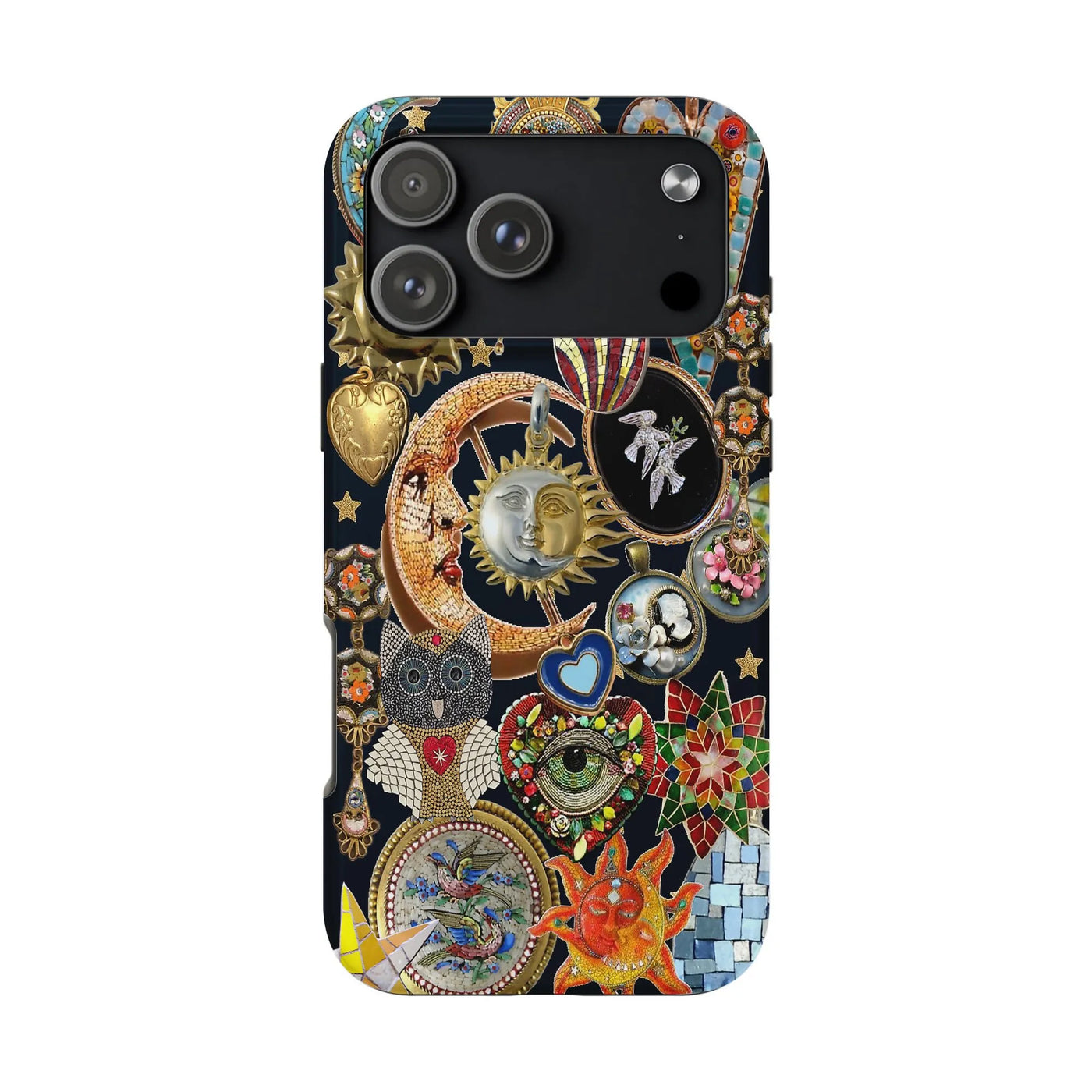 Eclectic Mosaic Celestial iPhone Case | Sun Moon Owl Mystical Art | Dual-Layer Polycarbonate Protection | Unique Spiritual Bo