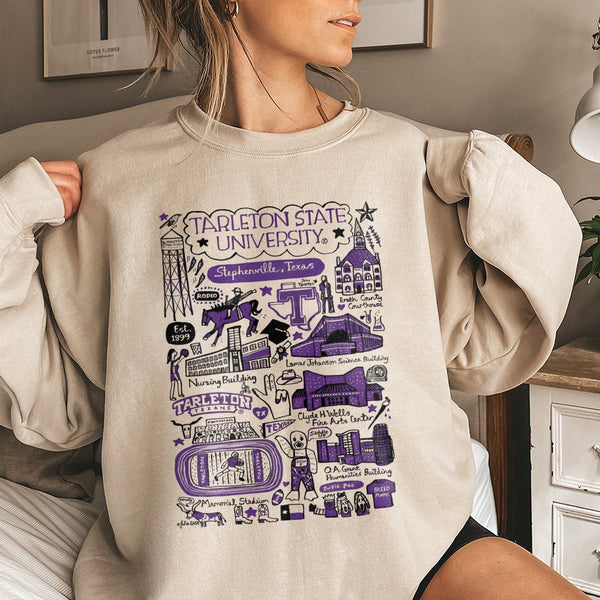 Tarleton State University Sweatshirt | Stephenville Texas Campus Doodle Collage | Premium Cotton Blend | Gift for Students Al
