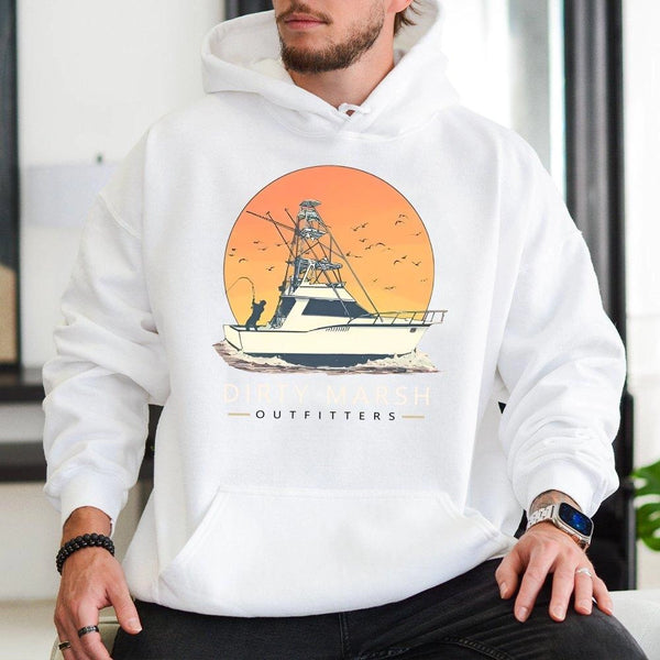 Offshore Fishing Hoodie | Retro Sunset Boat Graphic Design | Premium Cotton Blend | Gift for Saltwater Angler and Coastal Lif