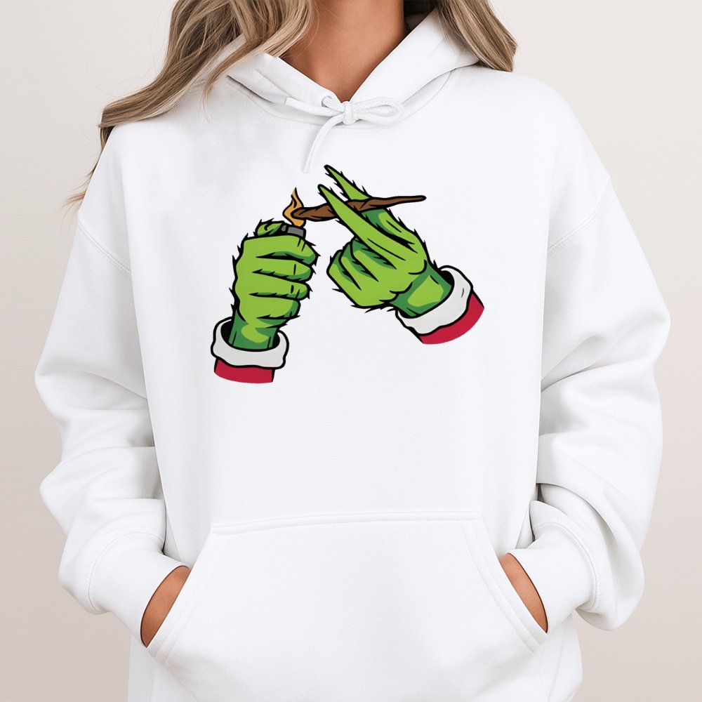 Green Monster Hand Hoodie | Funny Christmas Stoner Graphic | Soft Cotton Blend | Holiday Party Gift for Weed Lovers