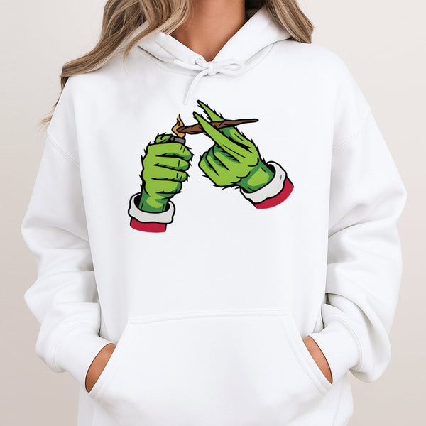 Green Monster Hand Hoodie | Funny Christmas Stoner Graphic | Soft Cotton Blend | Holiday Party Gift for Weed Lovers