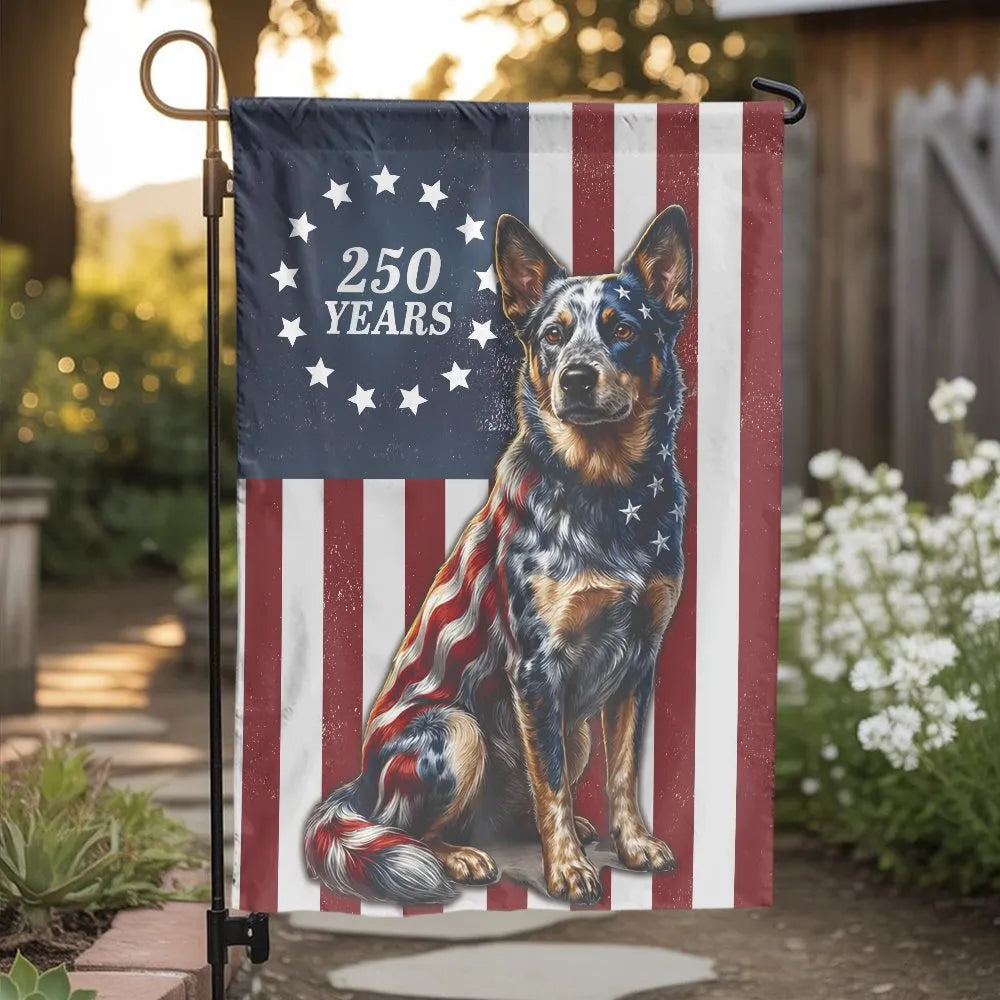 Patriotic Blue Heeler Dog Garden Flag | USA 250th Anniversary American Flag Design | Double-Sided Premium Weatherproof Polyes