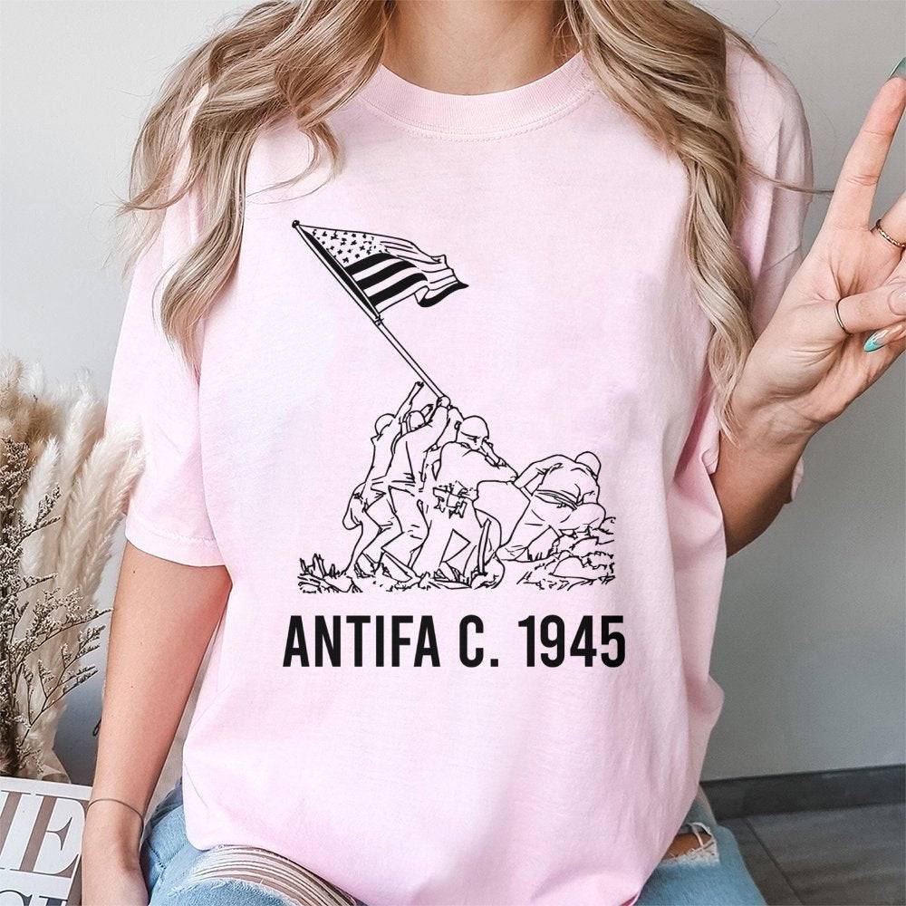 Antifa 1945 Graphic T-Shirt | Iwo Jima Flag Raising Illustration | 100% Cotton Premium Tee | History Gift for Activists