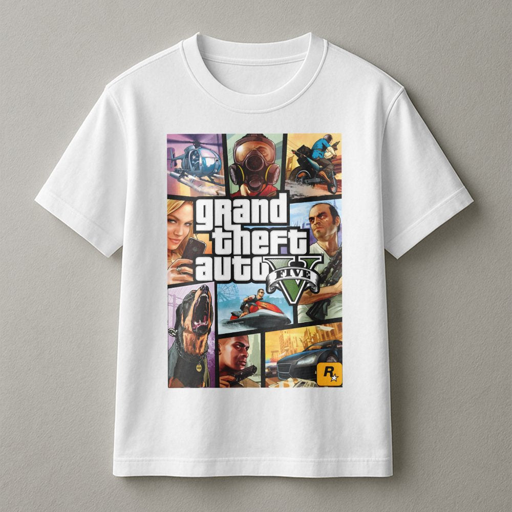 Grand Theft Auto V Graphic T-Shirt | Iconic Video Game Cover Art | Premium 100% Cotton Tee | Gift for Gamers and Open World F