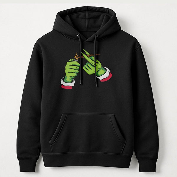 Green Monster Hand Hoodie | Funny Christmas Stoner Graphic | Soft Cotton Blend | Holiday Party Gift for Weed Lovers