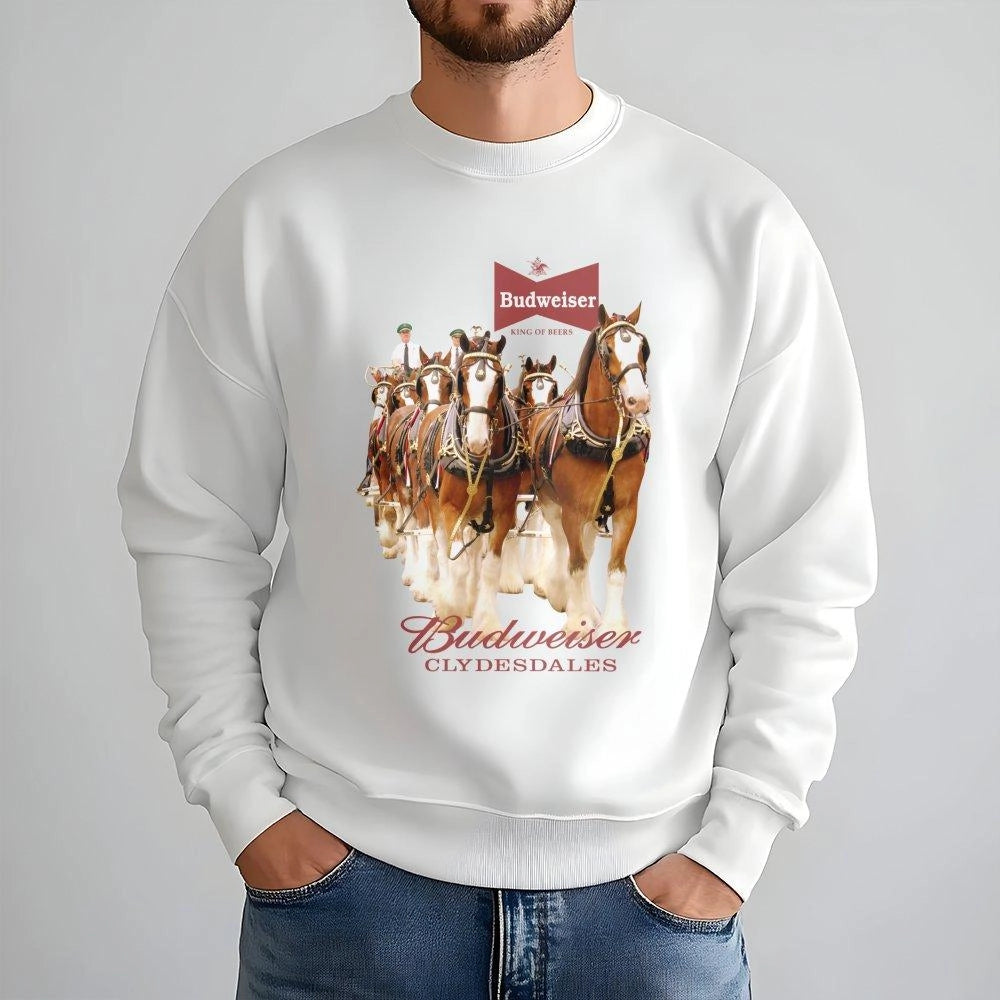 Clydesdale Horse Graphic Sweatshirt | Vintage Beer Logo Print | Premium Cotton-Blend Crewneck | Nostalgic Country Western Gif