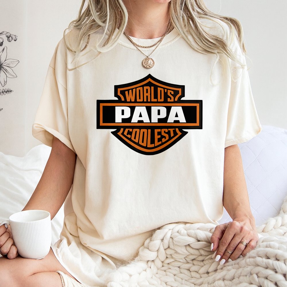 Worlds Coolest Papa T-Shirt | Biker Shield Graphic Design | Premium Cotton Comfort | Funny Father's Day 2026 Gift for Motorcy