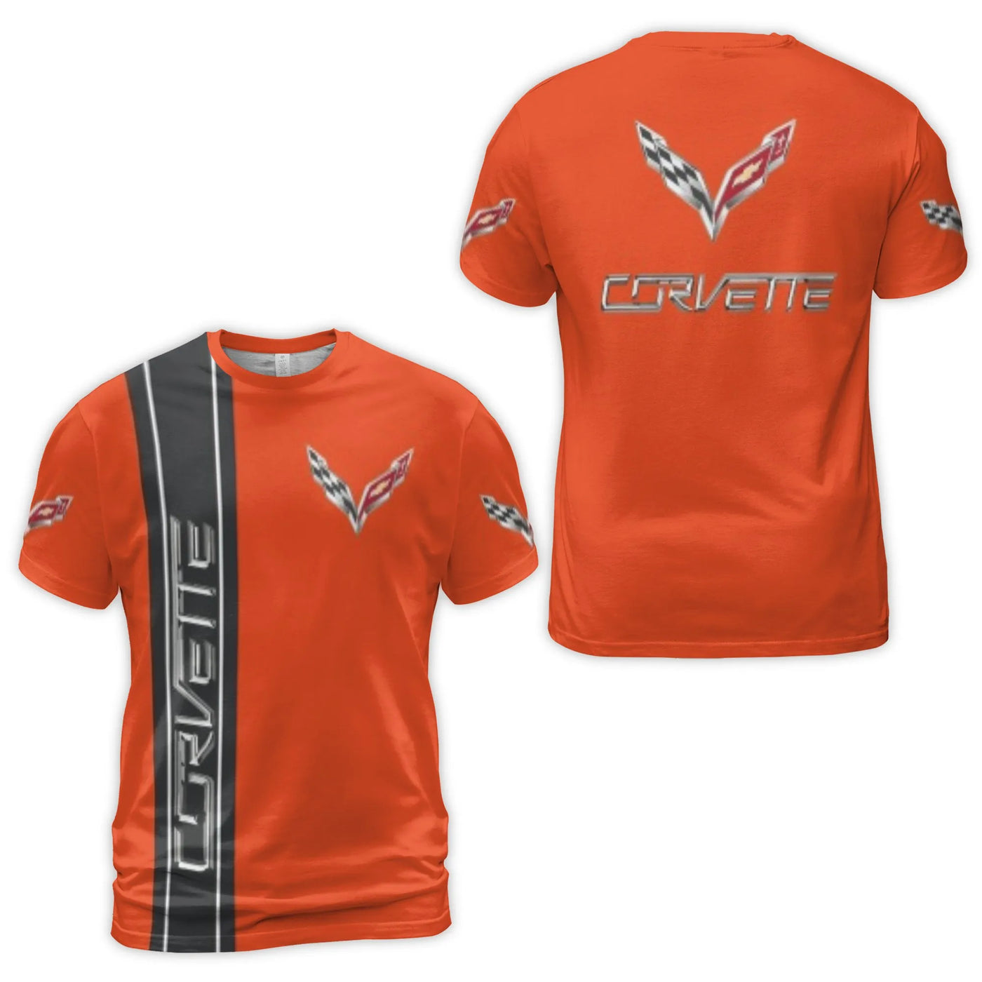Corvette Sports Car 3D Graphic T-Shirt | Racing Stripe & Crossed Flags Logo | Premium Polyester Spandex | Gift for Car Enthus