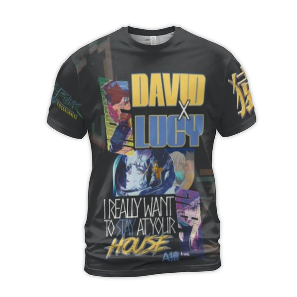 Cyberpunk Anime Graphic T-Shirt | David and Lucy All-Over Print | Premium Polyester Blend | Aesthetic Streetwear Gift for Fan